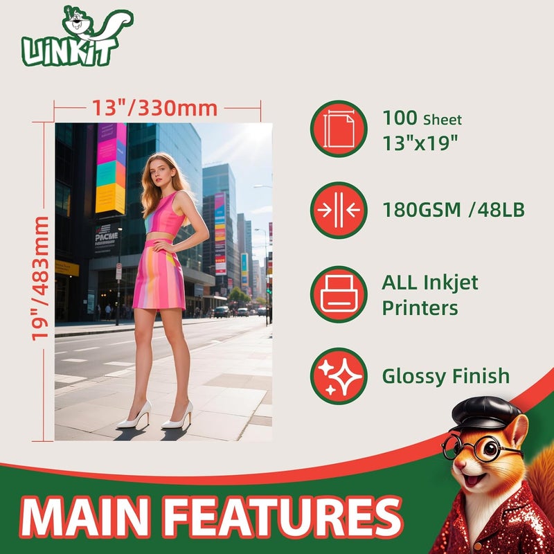 Uinkit Glossy Photo Paper 13x19inches100 Sheets 180Gsm 48lbs Professional Glossy Photographic Paper Compatible with Inkjet Printer Use DYE INK 180GSM - Image 2