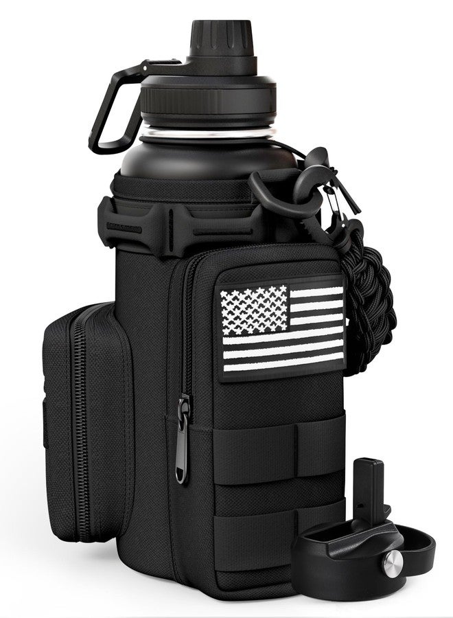 banloga Tactical Water Bottle with Straw, 32 Oz Insulated Water Jug with Molle Water Bottle Holder, Stainless Steel Sport Bottle with 2 BPA Free Lids for Gym Workout Hiking (Black) - Image 1