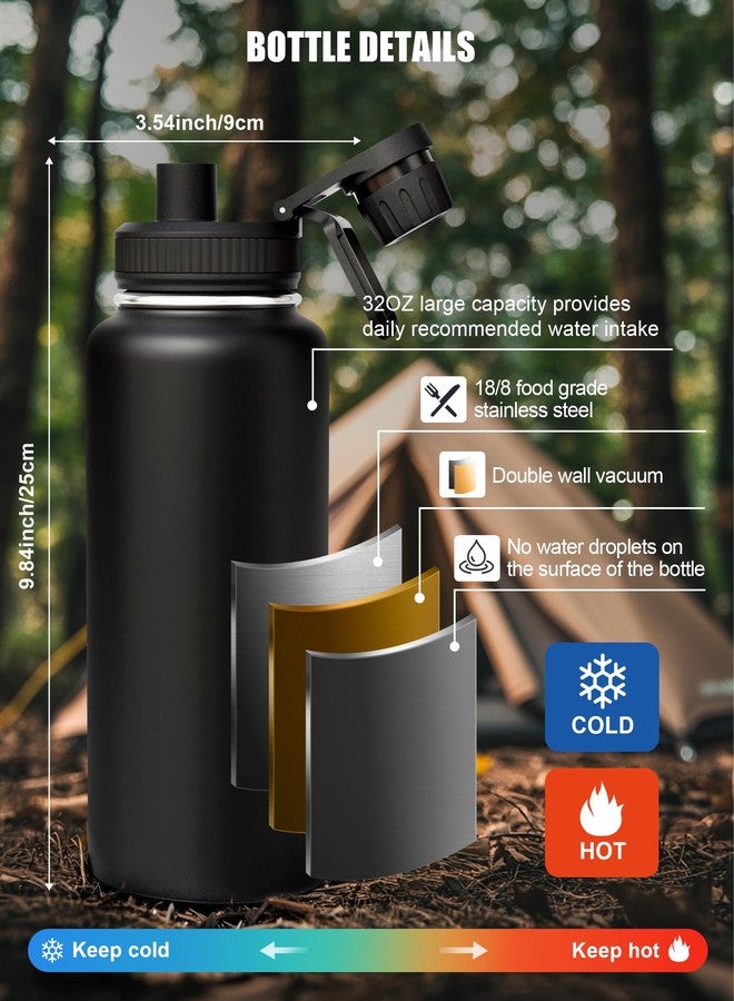 banloga Tactical Water Bottle with Straw, 32 Oz Insulated Water Jug with Molle Water Bottle Holder, Stainless Steel Sport Bottle with 2 BPA Free Lids for Gym Workout Hiking (Black) - Image 2