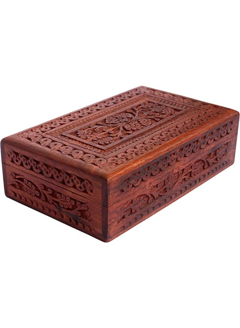 QUESERA Handmade Wooden Keepsake Storage Case Jewelry Box Jewel Organizer Floral Hand Carvings with Brass Inlay Gifts for Women 8 x 5 Inches Standard Wood - Image 1