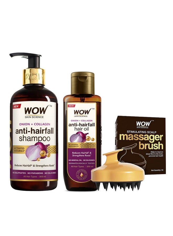 WOW Skin Science Onion Hair Oil With Black Seed Oil Extracts + Onion Oil Shampoo + Stimulating Scalp Shampoo Brush For Natural Hair Care & Growth Hair Care Kit - Net Vol 500Ml  - Image 1