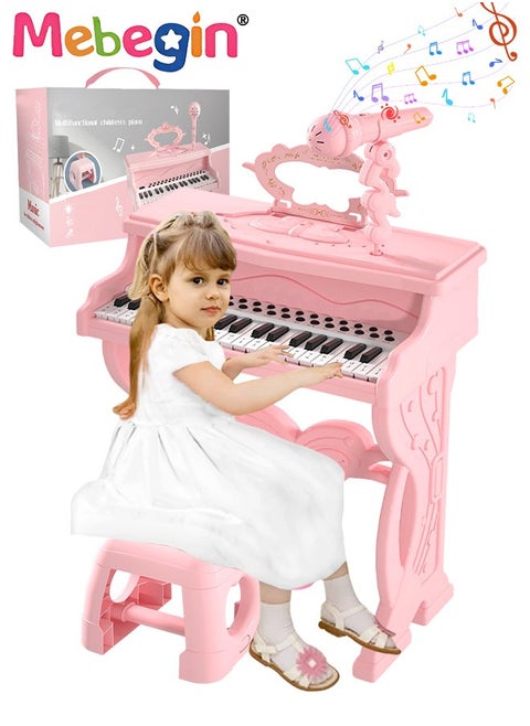 Multifunctional Piano with 37 Keys, Microphone and and Light-emitting Function, Deluxe Piano Keyboard Toy Set with Chair, Music Stand and 28 Musical Scores, Ideal Musical Toy for Kids and Beginners, 4 AA Batteries Required(Not Included)