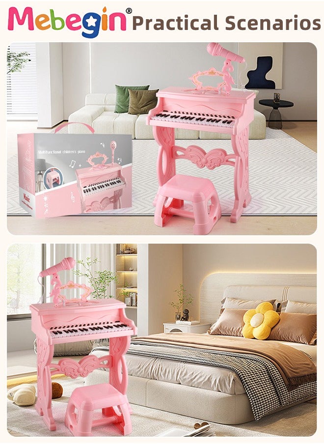 Multifunctional Piano with 37 Keys, Microphone and and Light-emitting Function, Deluxe Piano Keyboard Toy Set with Chair, Music Stand and 28 Musical Scores, Ideal Musical Toy for Kids and Beginners, 4 AA Batteries Required(Not Included)