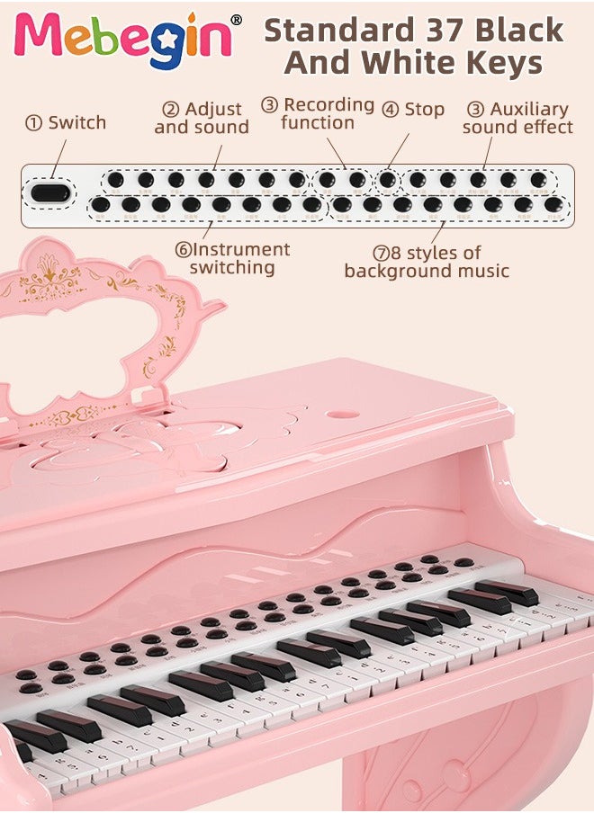 Multifunctional Piano with 37 Keys, Microphone and and Light-emitting Function, Deluxe Piano Keyboard Toy Set with Chair, Music Stand and 28 Musical Scores, Ideal Musical Toy for Kids and Beginners, 4 AA Batteries Required(Not Included)