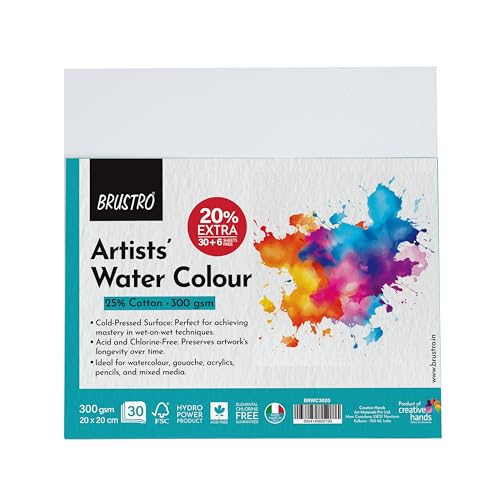 Brustro Watercolour Paper, 25% Cotton, 20 x 20 cm, Cold Pressed 300 GSM (Pack of 30+6) - Image 1