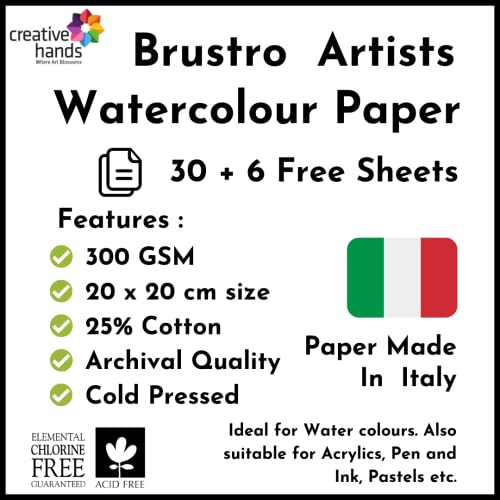 Brustro Watercolour Paper, 25% Cotton, 20 x 20 cm, Cold Pressed 300 GSM (Pack of 30+6) - Image 2