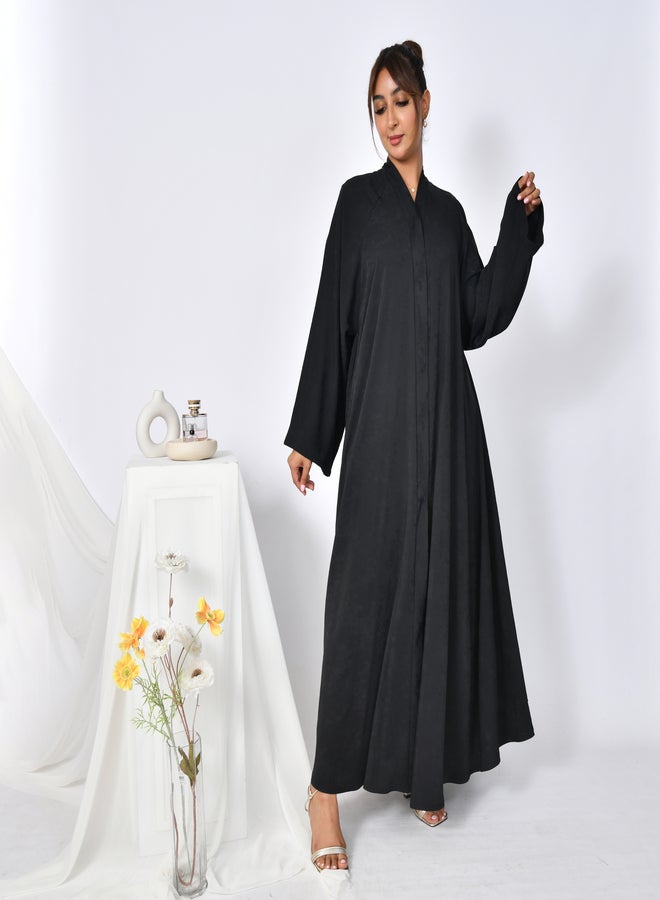 عبايات حوراء عباية سوداء بقصة كلوش مغلقة بطقطق بكم واسع وقماش مشجر - Image 5