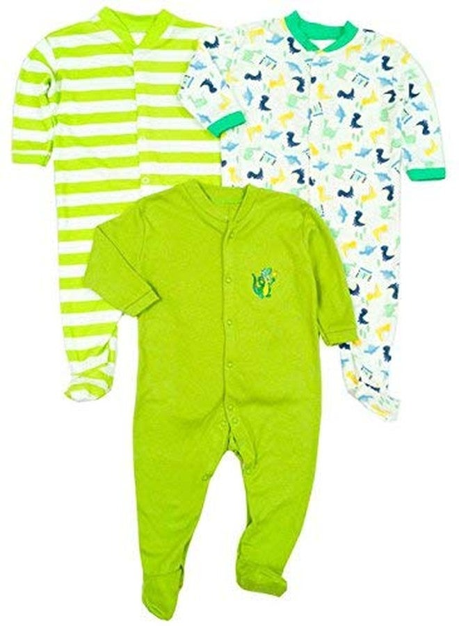 MINI BERRY MBT- New Born Baby Multi-Color Long Sleeve Sleep Suit Romper for Boys and Girls Set of 3 (Green)