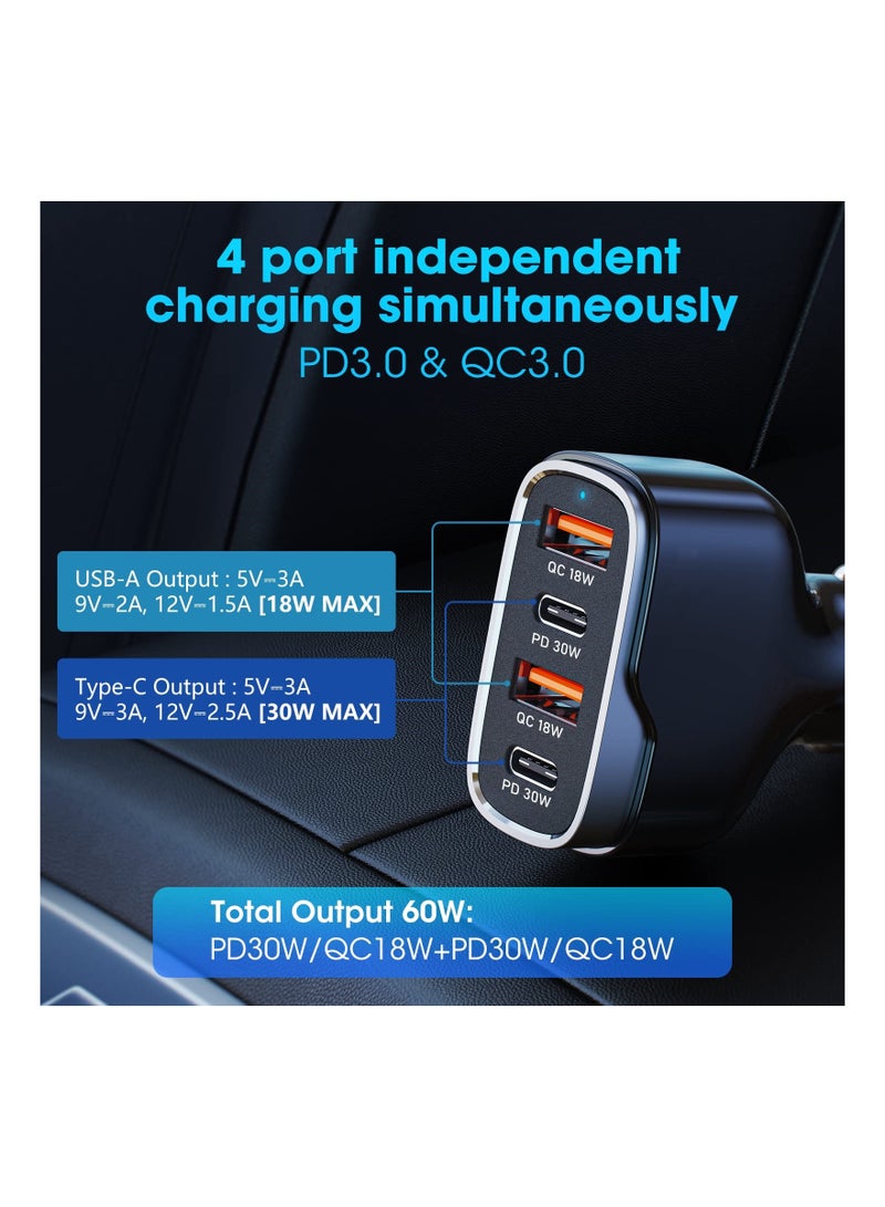 60W USB C Super Fast Car Charger, Multiport Car Charger with PD3.0  QC3.0 Cigarette Lighter USB C Adapter Compatible with iPhone 15 14 13 12 11 Pro Max Mini, Samsung Note 9/S10/S9/S8 and More - Image 3