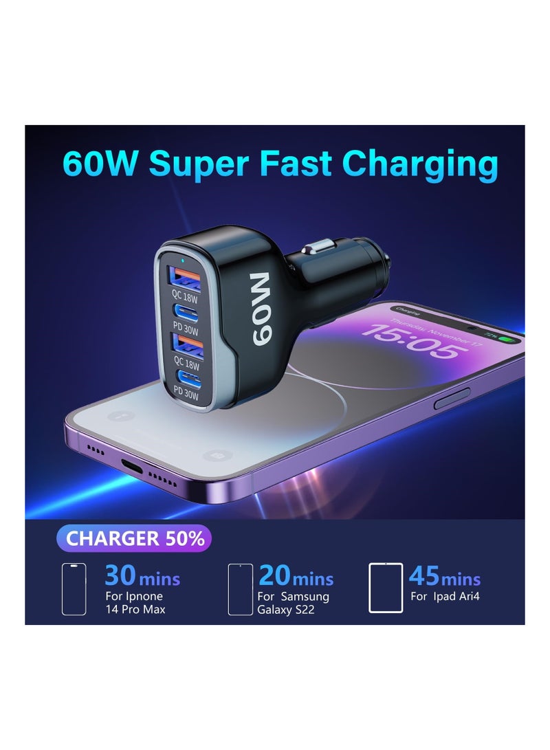 60W USB C Super Fast Car Charger, Multiport Car Charger with PD3.0  QC3.0 Cigarette Lighter USB C Adapter Compatible with iPhone 15 14 13 12 11 Pro Max Mini, Samsung Note 9/S10/S9/S8 and More - Image 5