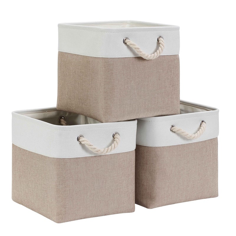 Mangata Cube Storage Boxes 30x30x30cm Fabric Storage Basket for Cupboards Shelves Closet Light Khaki White Collapsible 3 Pack