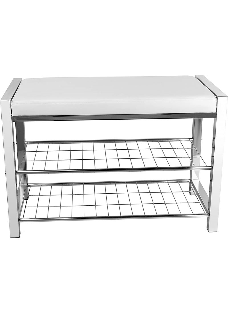INDIAN DECOR INDIAN DECOR 61408 White Leatherette Entryway Shoe StorageOrganizer Rack and Bench with Chrome Frame  - Image 1