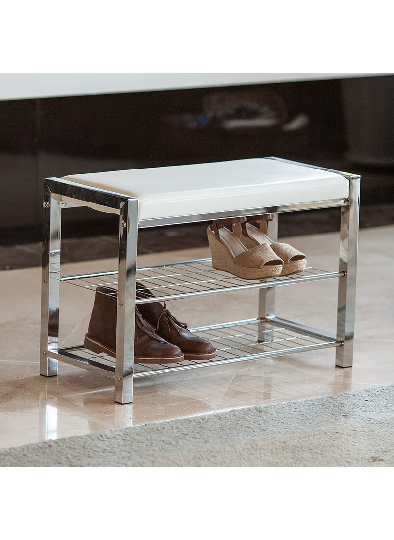 INDIAN DECOR INDIAN DECOR 61408 White Leatherette Entryway Shoe StorageOrganizer Rack and Bench with Chrome Frame  - Image 3