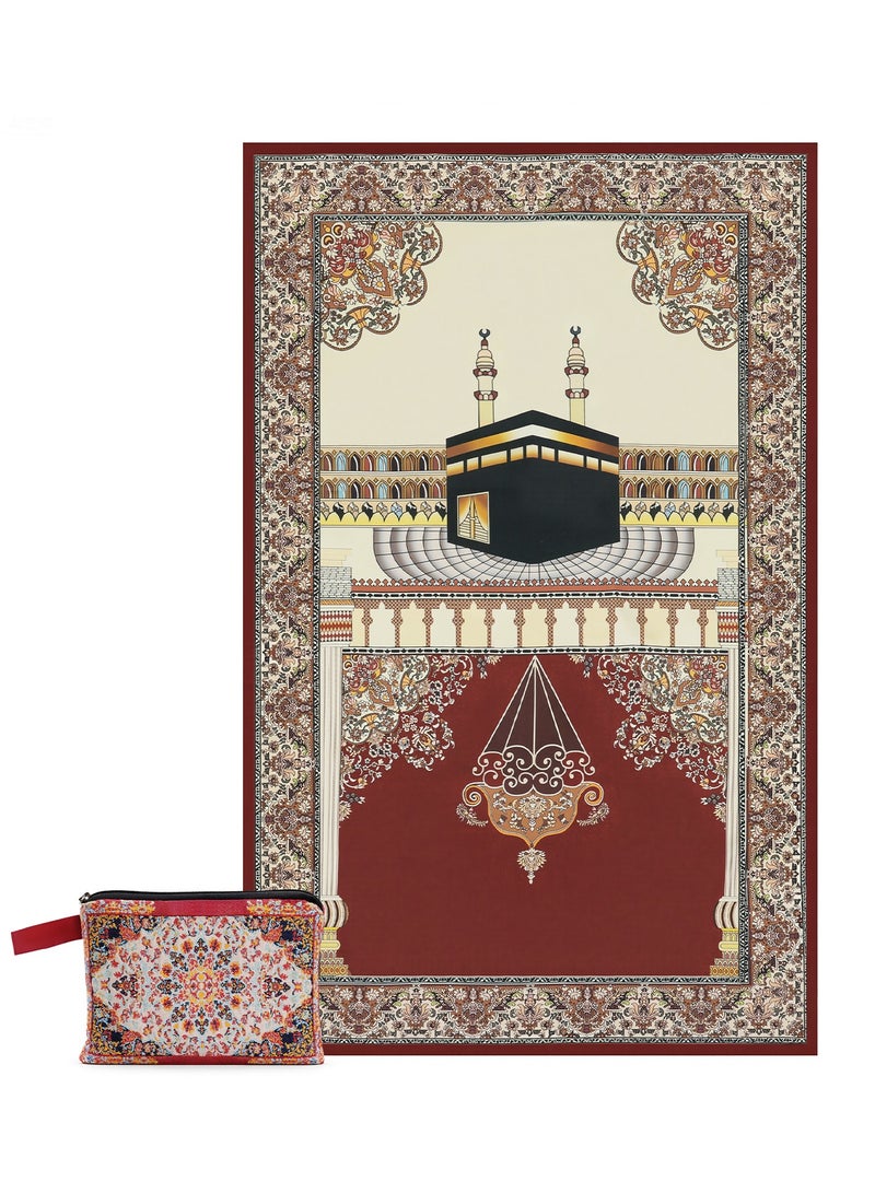 Silk Soft Muslim Prayer Rug,Portable&Foldable Sajadah with Kaaba Design,Ideal for Office,Airport&Mosque Use,Travel-Friendly Islamic Prayer Mat for Salah,Umrah,Hajj&Eid Gift（70x110cm,Red） - Image 1