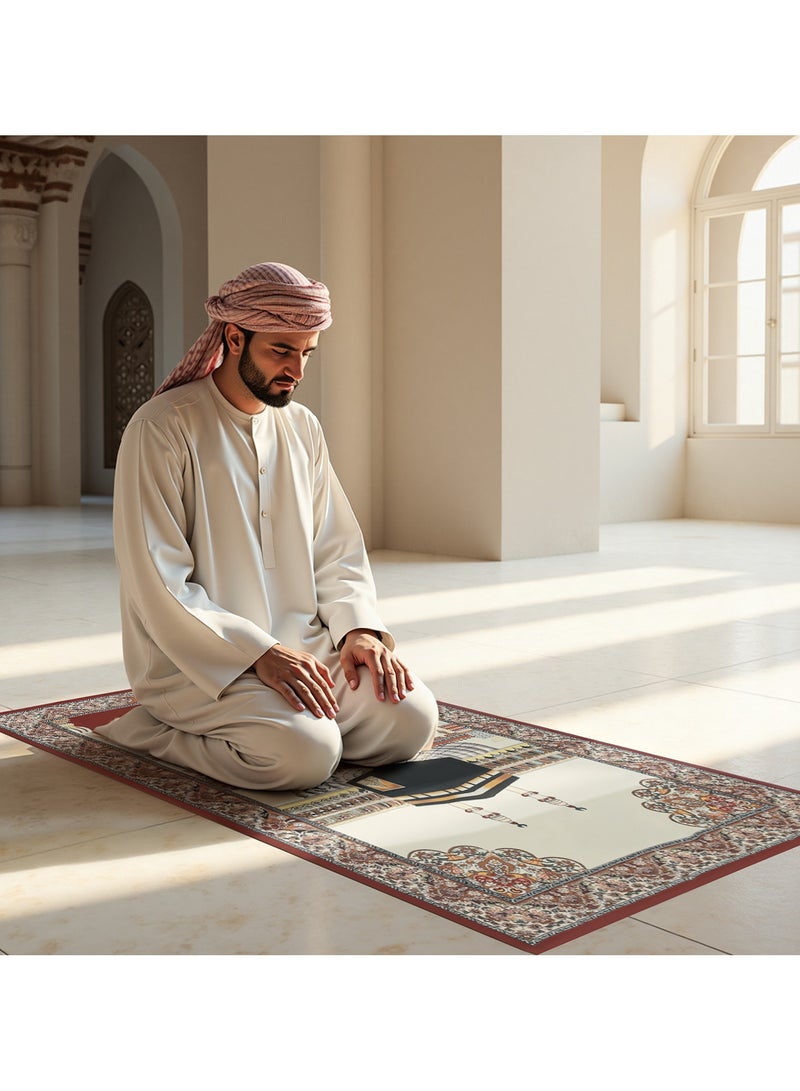 Silk Soft Muslim Prayer Rug,Portable&Foldable Sajadah with Kaaba Design,Ideal for Office,Airport&Mosque Use,Travel-Friendly Islamic Prayer Mat for Salah,Umrah,Hajj&Eid Gift（70x110cm,Red） - Image 2