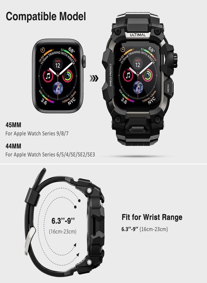 ULTIMAL Rugged Case with Band for Apple Watch 44mm,Compatible with Apple Watch Series SE 3/SE 2/SE Generation/6/5/4, Military Grade Shockproof Bumper Cover for iWatch Tactical Band Men (Black, 44mm) - Image 2