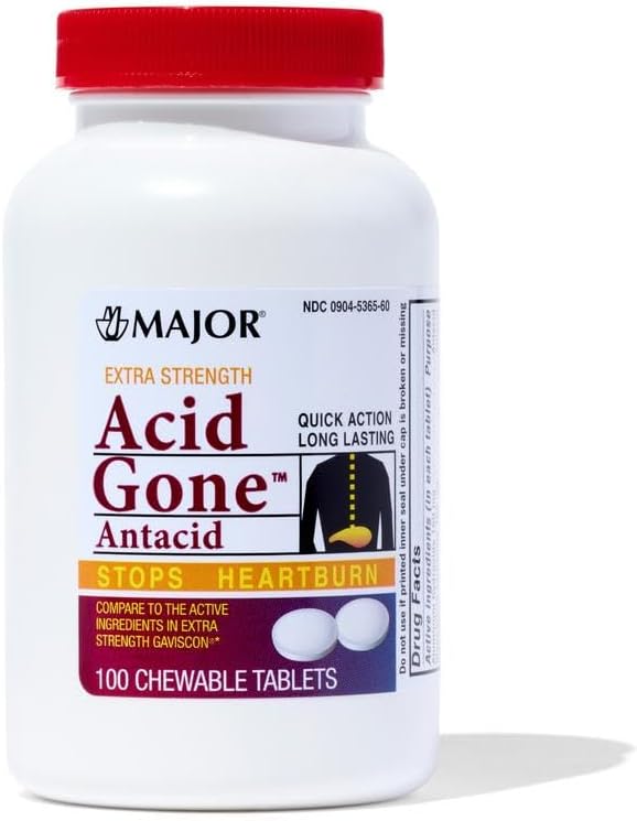MAJOR MAJOR Acid Gone Extra Strength Antacid Chewable Tablets - Acid Reflux Relief for Adults - May Help Reduce Symmptoms of Upset Stomach, Acid Indigestion, and Heartburn - 100-Count 