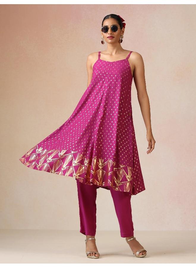 trueBrowns Pink Gold Foil Print Muslin Silk Flared Kurta Set - Image 1
