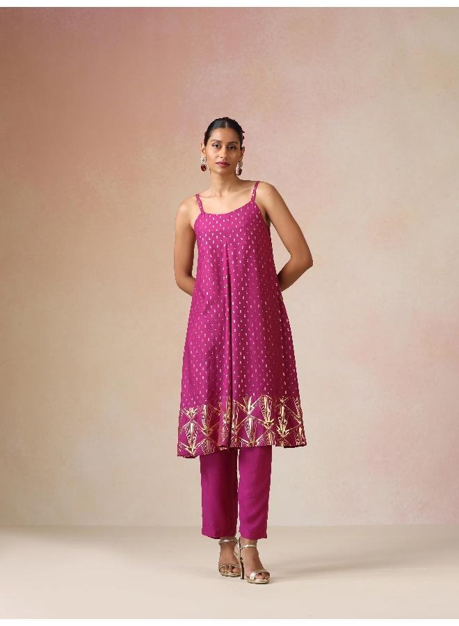 trueBrowns Pink Gold Foil Print Muslin Silk Flared Kurta Set - Image 2