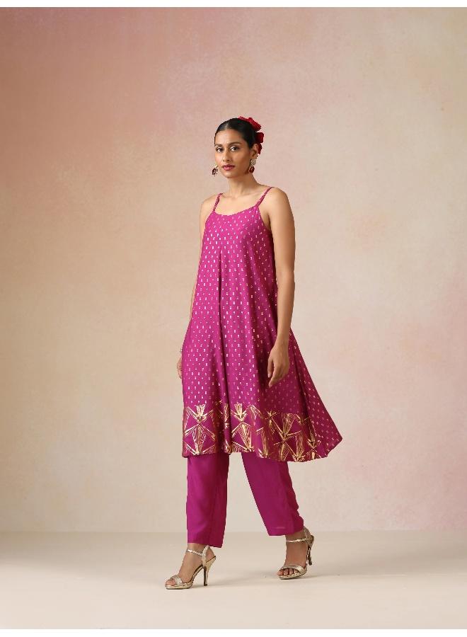 trueBrowns Pink Gold Foil Print Muslin Silk Flared Kurta Set - Image 4