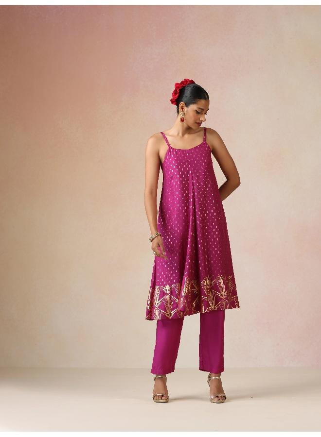 trueBrowns Pink Gold Foil Print Muslin Silk Flared Kurta Set - Image 3