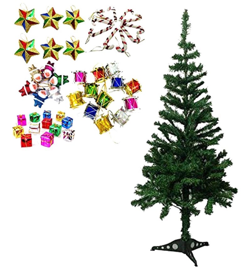 Sesonby 4 feet Long Artificial XMass Christmas Tree and 12Gift 12 Drum 6 Candy 6 Santa 6 Stars Total 42 pcs Hangings Ornaments - Image 1