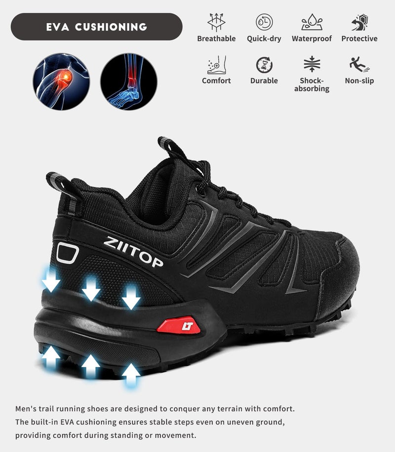 ziitop Mens Trail Running Shoes Waterproof Non-Slip Hiking Walking Sneakers for Outdoor Trailing Trekking Camping Quest Black - Image 5