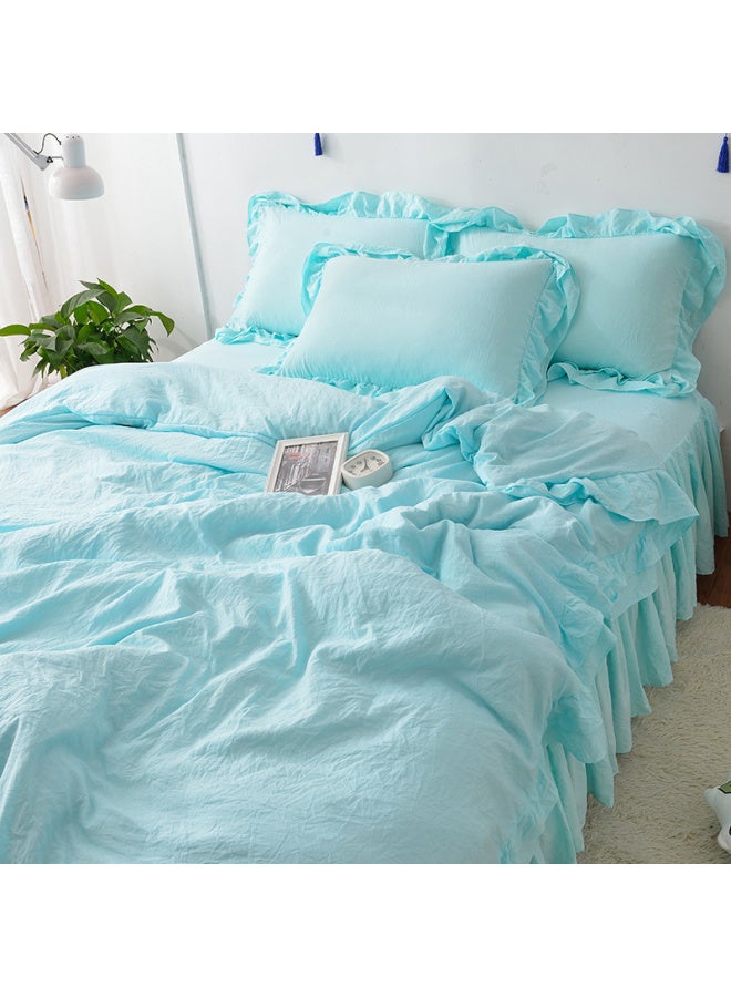 Generic # 7N Washed Cotton Quilt Cover Single Piece Three Four Pieces Solid Color Single Dormitory Double 1.8x 2.2 Pure Cotton Quilt Cover-Color:Washed Cotton Lake Blue [class A Maternal And Infant Grade Fabric, Super Soft And Soft]-Specifications:1.5m Bed Skirt Four-piece Set (quilt Cover 1.8*2.2) - Image 1
