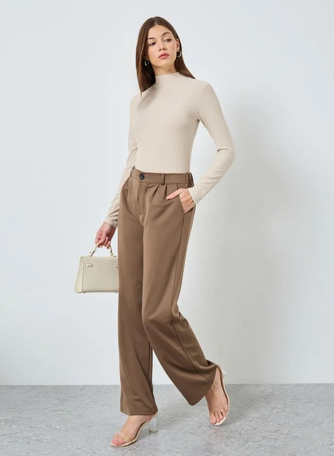 Styli Beige Ribbed Knit Long Sleeve Top