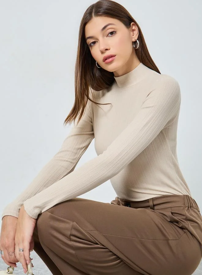 Styli Beige Ribbed Knit Long Sleeve Top