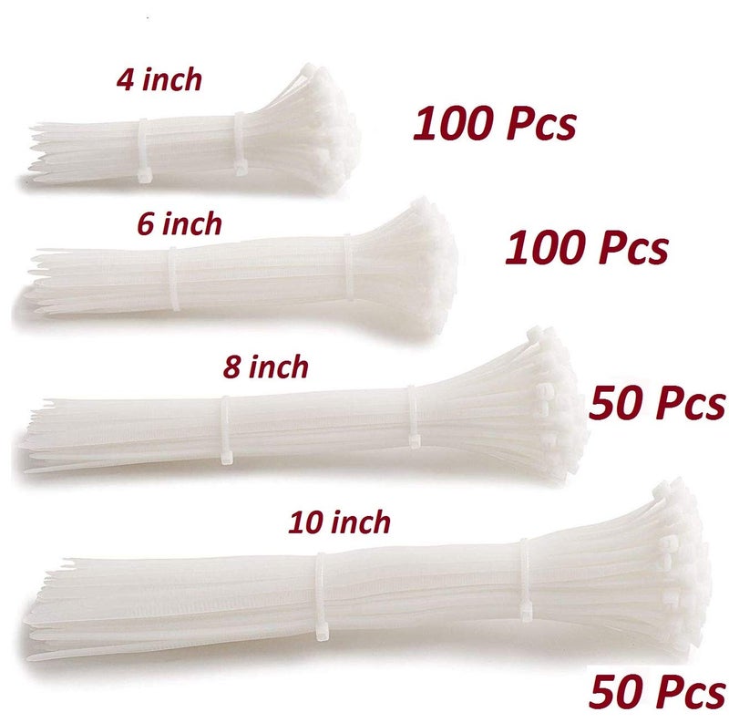 Loquat Smart Tools Self Locking Nylon Zip Ties Combo Set of Nylon Cable Ties Self Locking Cable Pack of 300 Pieces 4 6 8 10 Inch White - Image 2