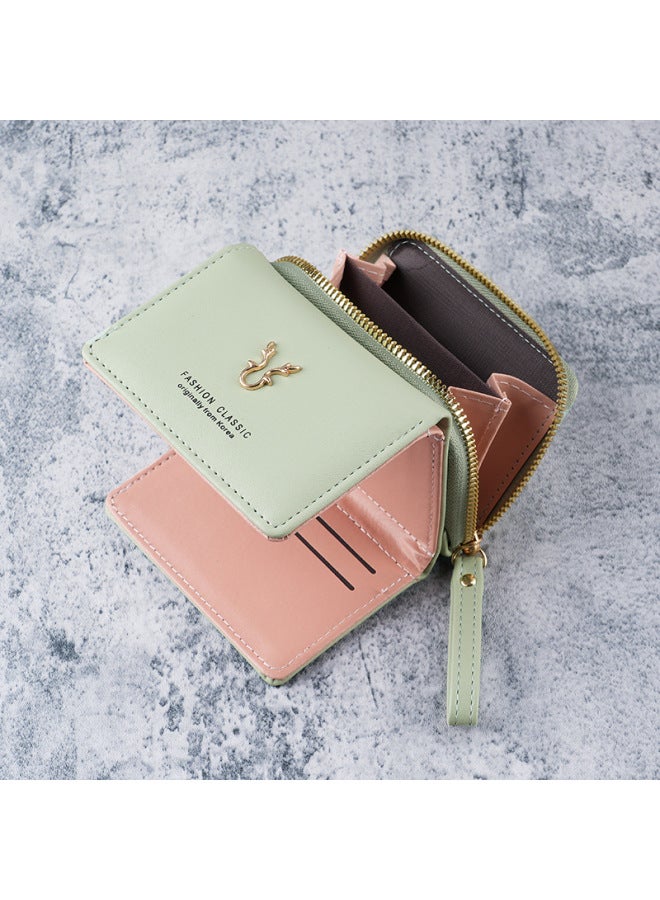 Women's Small Wallet Leather Hand Coin Purse Two-in-One Zipper Three-fold Card Bag One-piece Storage Bag-Color:Black  - Image 4