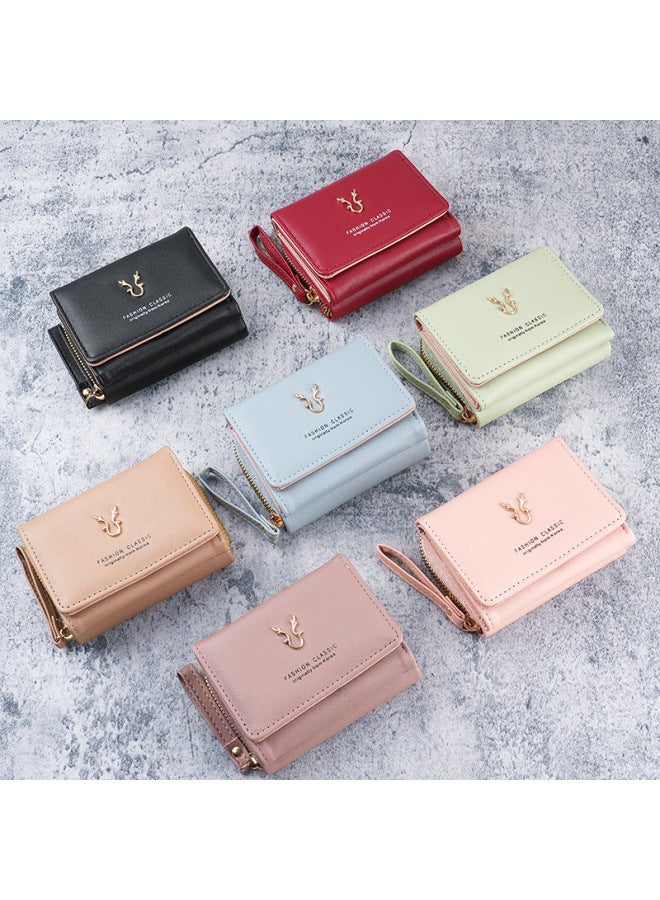 Women's Small Wallet Leather Hand Coin Purse Two-in-One Zipper Three-fold Card Bag One-piece Storage Bag-Color:Black  - Image 5
