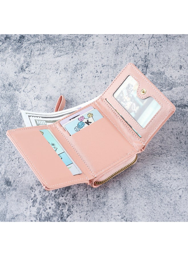 Women's Small Wallet Leather Hand Coin Purse Two-in-One Zipper Three-fold Card Bag One-piece Storage Bag-Color:Black  - Image 3