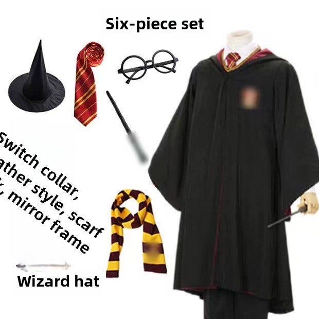 Harry Potter Style Cosplay Robe for Adults and Kids Red six-piece set [cloak tie small scarf glasses frame non-luminous magic wand Magic Hat 