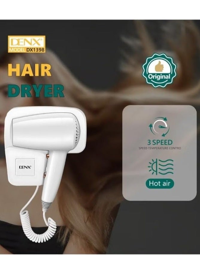 DENX DX1398 Wall‑Mounted Hair Dryer – 1250W Powerful, Compact & Quiet, Hot & Cold Settings, Auto Shut‑Off, Moisture‑Lock Technology, No‑Drill Mounting - Image 3