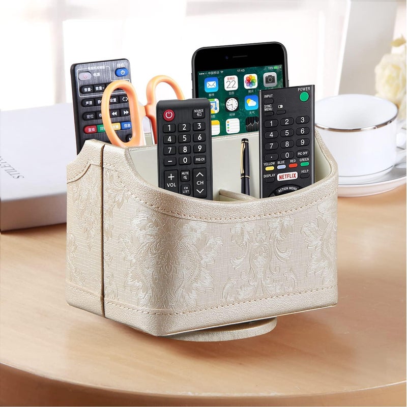 PUSU Leather 360°Rotatable Remote Control Holder,Nightstand TV Remote Caddy,Office Supplies Desktop Organizer,Spinning Storage Box for Pen,Mail,Phone,DVD, Blu-Ray, Media Player, Heater Controllers - Image 5