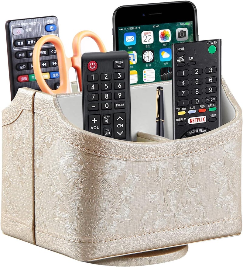 PUSU Leather 360°Rotatable Remote Control Holder,Nightstand TV Remote Caddy,Office Supplies Desktop Organizer,Spinning Storage Box for Pen,Mail,Phone,DVD, Blu-Ray, Media Player, Heater Controllers - Image 1