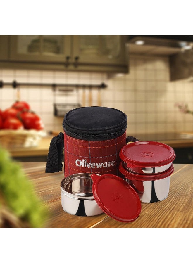 SOPL-OLIVEWARE علبة غداء أوليف وير بليس، 100% مضادة للتسرب، 3 حاويات من الفولاذ المقاوم للصدأ مع أغطية محكمة خالية من BPA (300 مل، 450 مل، 600 مل)، حقيبة قماش - أحمر - Image 5