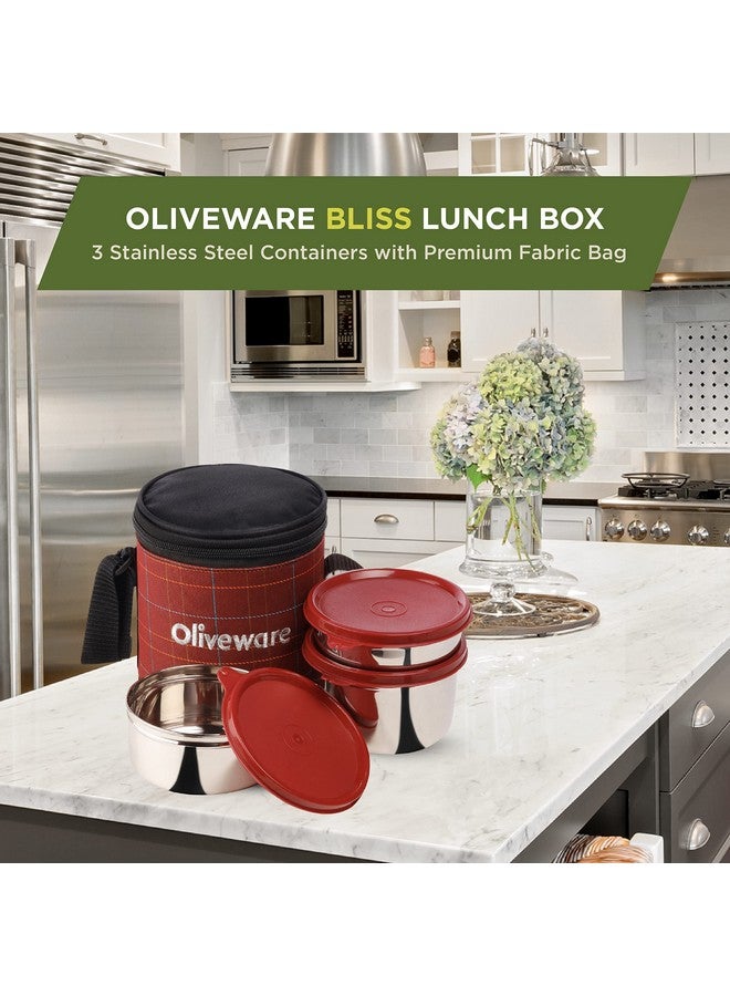 SOPL-OLIVEWARE علبة غداء أوليف وير بليس، 100% مضادة للتسرب، 3 حاويات من الفولاذ المقاوم للصدأ مع أغطية محكمة خالية من BPA (300 مل، 450 مل، 600 مل)، حقيبة قماش - أحمر - Image 4