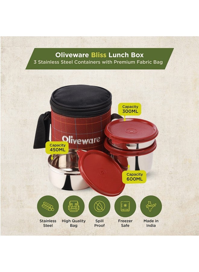 SOPL-OLIVEWARE علبة غداء أوليف وير بليس، 100% مضادة للتسرب، 3 حاويات من الفولاذ المقاوم للصدأ مع أغطية محكمة خالية من BPA (300 مل، 450 مل، 600 مل)، حقيبة قماش - أحمر - Image 2