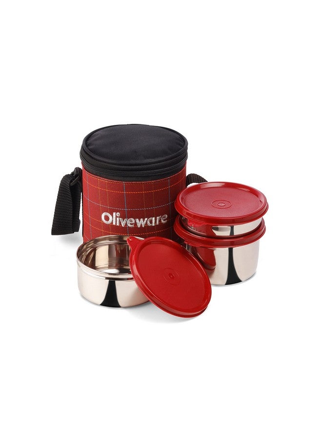 SOPL-OLIVEWARE علبة غداء أوليف وير بليس، 100% مضادة للتسرب، 3 حاويات من الفولاذ المقاوم للصدأ مع أغطية محكمة خالية من BPA (300 مل، 450 مل، 600 مل)، حقيبة قماش - أحمر - Image 1