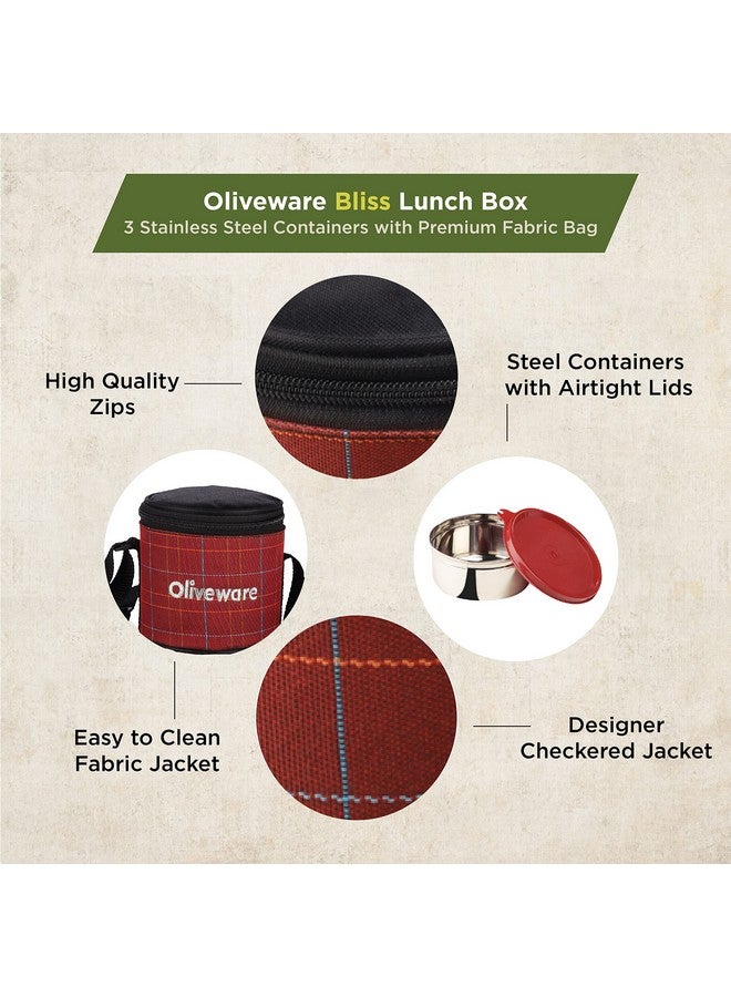 SOPL-OLIVEWARE علبة غداء أوليف وير بليس، 100% مضادة للتسرب، 3 حاويات من الفولاذ المقاوم للصدأ مع أغطية محكمة خالية من BPA (300 مل، 450 مل، 600 مل)، حقيبة قماش - أحمر - Image 3