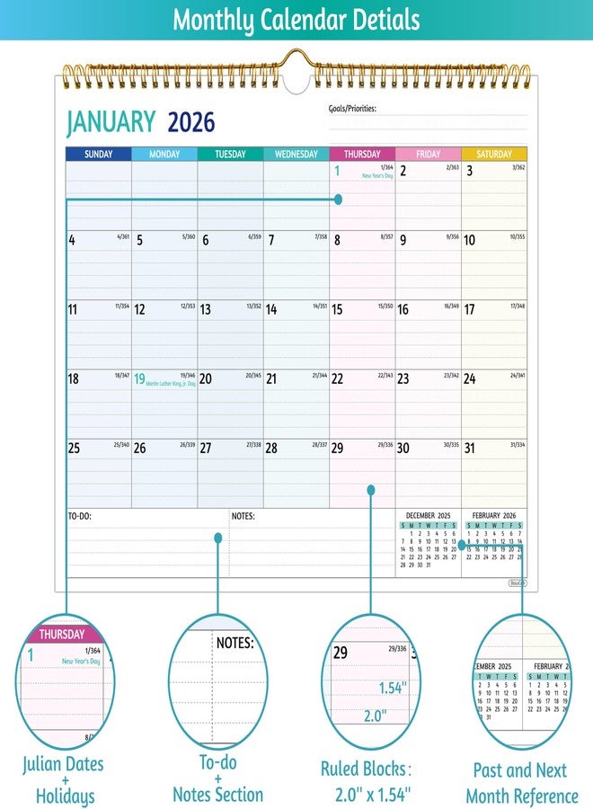 تقويم حائط 2026-2027 - ساري حتى يونيو 2027، مقاس 14.57 × 11.42 بوصة، تقويم 2026، تقويم 18 شهرًا 2026-2027، تقويم شهري بخطوط مسطرة، ورق سميك، يتضمن العطلات الرسمية، وقوائم المهام والملاحظات. - Image 3