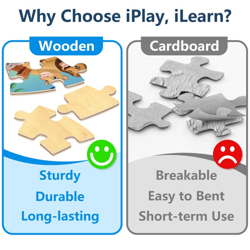 iPlay, iLearn ألعب، أتعلم ألغاز حيوانات نوح الخشبية للأطفال، ألغاز أرضية للأطفال من عمر 3-5، 4-8، 51 قطعة كبيرة من ألغاز الصور المقطوعة التعليمية، هدية عيد ميلاد للأطفال من عمر 6 و7 سنوات - Image 3