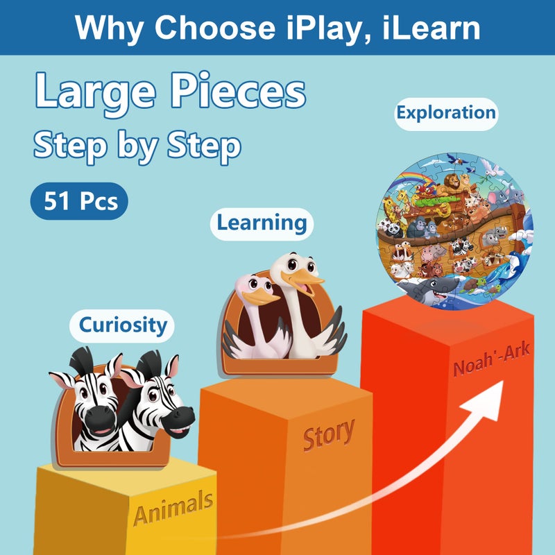 iPlay, iLearn ألعب، أتعلم ألغاز حيوانات نوح الخشبية للأطفال، ألغاز أرضية للأطفال من عمر 3-5، 4-8، 51 قطعة كبيرة من ألغاز الصور المقطوعة التعليمية، هدية عيد ميلاد للأطفال من عمر 6 و7 سنوات - Image 2
