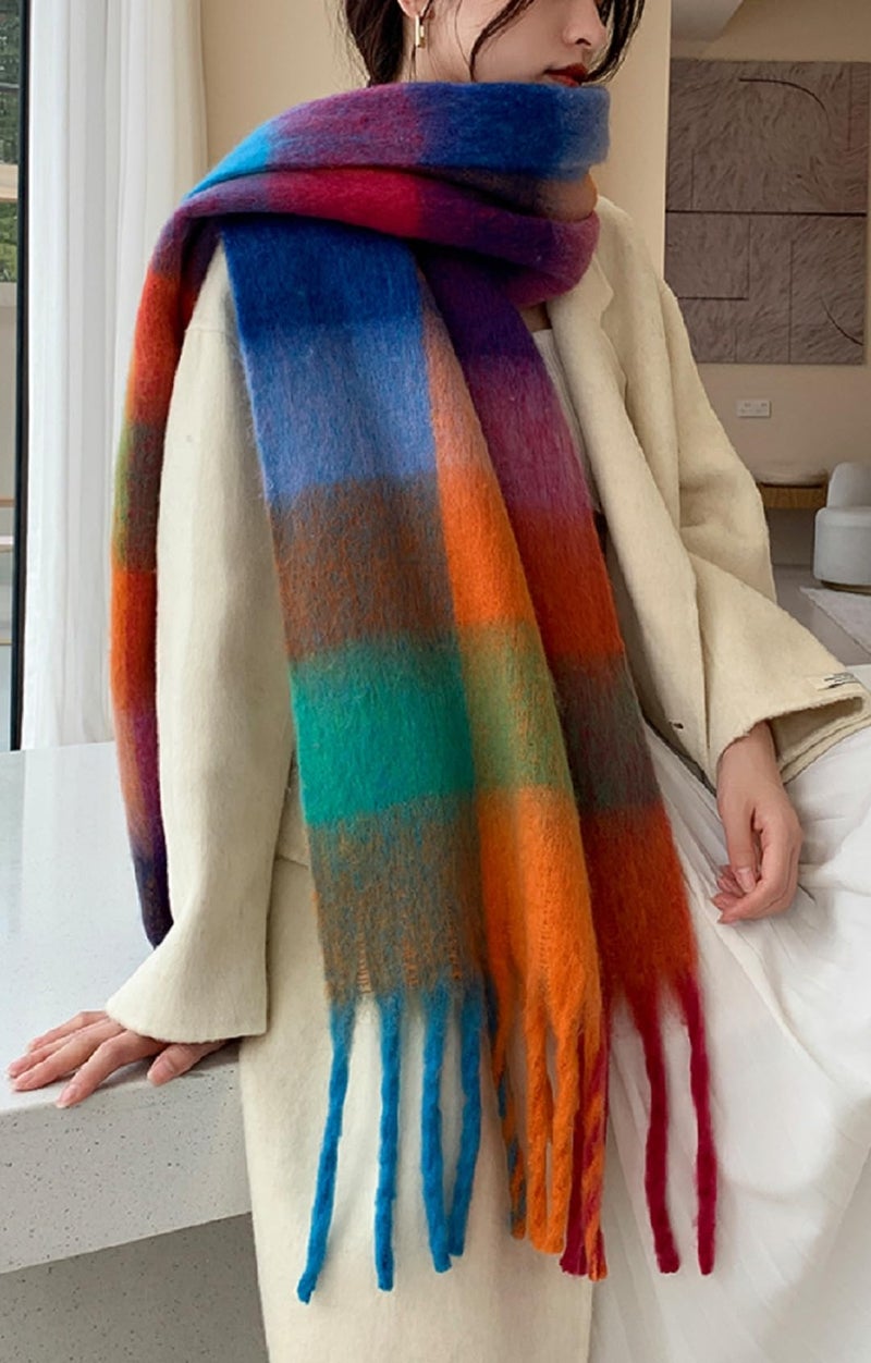 Wander Agio Winter Women Warm Scarf Long Shawl Large Scarves Cold Weather Thick Blanket Scarfs Colorful Plaid Caramel Green 7 - Image 4