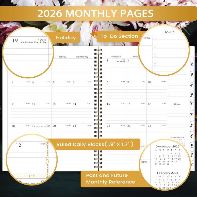 Vindora 2026 Planner - 9" x 11"ï¼Œ Planner Weekly and Monthly 2026, from Jan. 2026 to Dec. 2026, Calendar Planner 2026 with Tabs, Twin-Wire Binding, Inner Pocket, Floral Pattern - Image 3