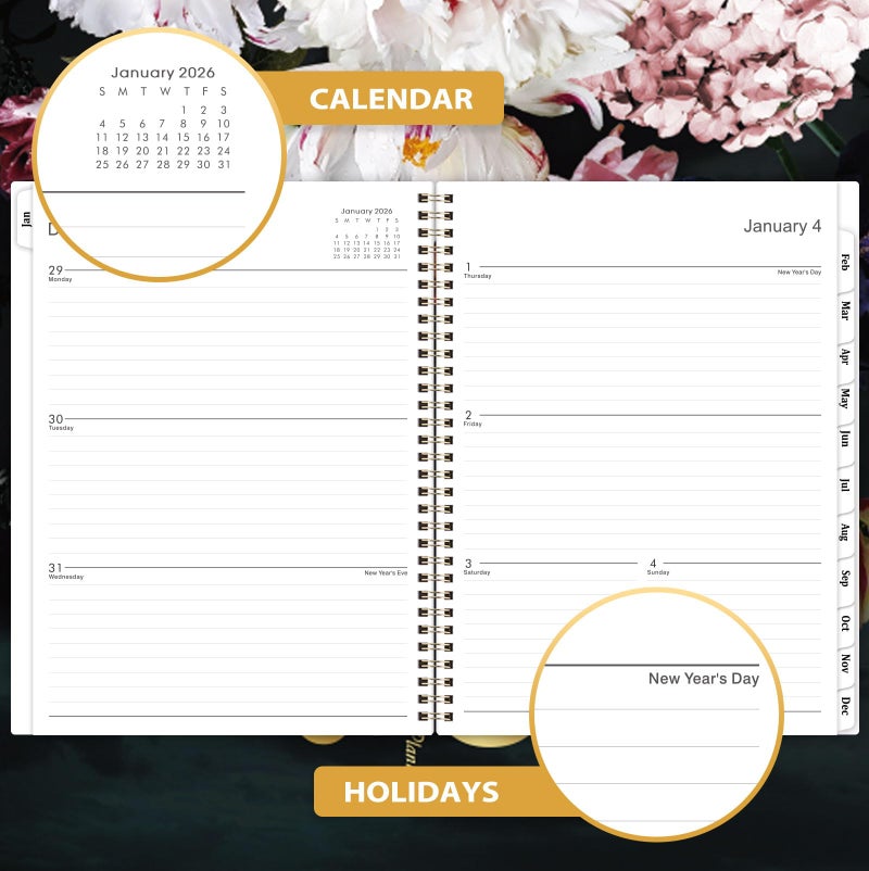 Vindora 2026 Planner - 9" x 11"ï¼Œ Planner Weekly and Monthly 2026, from Jan. 2026 to Dec. 2026, Calendar Planner 2026 with Tabs, Twin-Wire Binding, Inner Pocket, Floral Pattern - Image 4