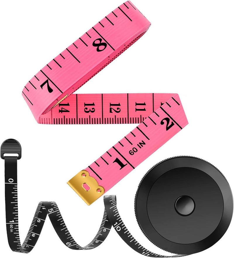 iBayam 2 Pack Tape Measure Measuring Tape for Body Fabric Sewing Tailor Cloth Knitting Vinyl Home Craft Measurements, 60-Inch Soft Fashion Pink & Retractable Black Double Scales Rulers for Body Weight - Image 1